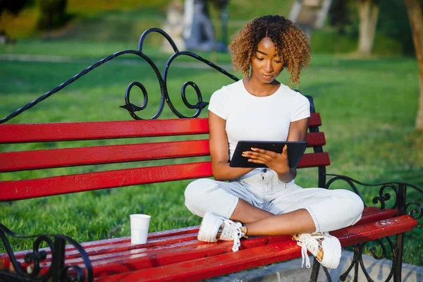 Young curly black smiling female with a digital pad on the bench in the park; charming cheerful Brazilian girl with Afro hair using tablet pc while sitting on the wooden bench on a summer day