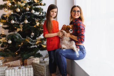 Mutlu kış tatilleri! Pozitif esmer kadın, küçük kız pozunu kucaklar odada hediyelerle, köpek yanında, Noel ağacının yanında eğlenir.