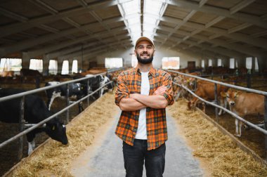 İnek ahırında dikilip kameraya bakarken kollarını kavuşturarak gülümseyen bir çiftçinin portresi.