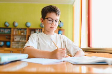 Gözlük takan genç bir öğrenci, canlı bir sınıfta çalışırken bir not defterine özenle yazıyor.