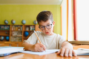 Genç öğrenci, ödevlerini canlı bir sınıf ortamında tamamlamaya odaklanmış, bir kalemle özenle bir not defterine yazıyor.