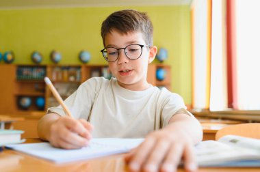 İlkokul öğrencisi gözlük takıyor. Not defterine notlar yazıyor. Ödevlerini derste özenle tamamlıyor.