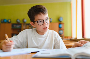 İlkokul öğrencisi gözlük takıyor, ders kitabı okuyor ve derslere odaklanırken özenle not alıyor.