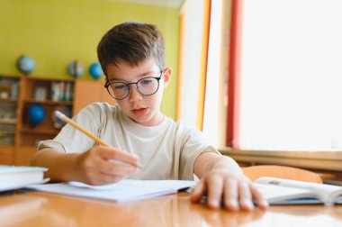 Not defterine gözlük takan ve ilkokulda ders çalışan genç bir öğrenci.