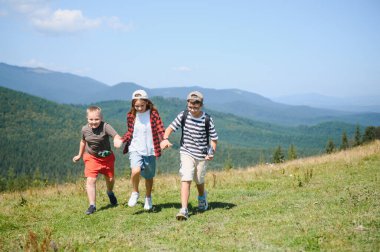 Üç genç yürüyüşçü el ele tutuşuyor, manzaralı bir dağ yürüyüşünün tadını çıkarıyor, yaz tatillerinde doğanın güzelliğini kucaklıyor.