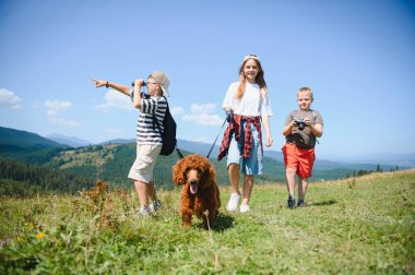 Çocuklar köpekleriyle birlikte pitoresk dağlarda yürüyüş yapar, doğayı keşfeder ve neşe içinde dürbünle çarpıcı manzarayı keşfederler.