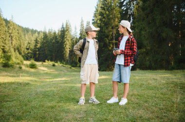 İki genç turist yaz tatilinin tadını çıkarıyor, bir ormanda yürüyüş yapıyor ve güzel doğal manzarayı keşfediyorlar.