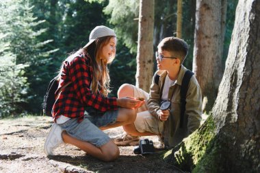 İki genç turist, kamp maceraları sırasında yemyeşil bir ormanı keşfediyor ve bir kozalağı inceliyor.