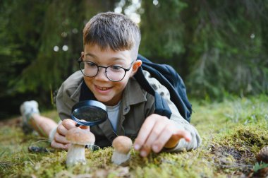 Büyüteçle mantar gözlemleyen genç bir çocuk heyecan verici bir orman yürüyüşü sırasında doğanın harikalarını keşfediyor.