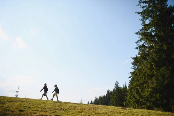 İki turist, yemyeşil yemyeşil ve açık mavi gökyüzü ile çevrili güneşli bir günde bir dağ çayırında manzaralı bir yürüyüş yapıyorlar.