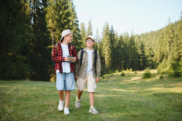 Sırt çantalı iki genç yürüyüşçü, yemyeşil yemyeşil ve sıcak güneş ışığıyla çevrili canlı bir orman çayırında güneşli bir yürüyüş yapıyorlar.