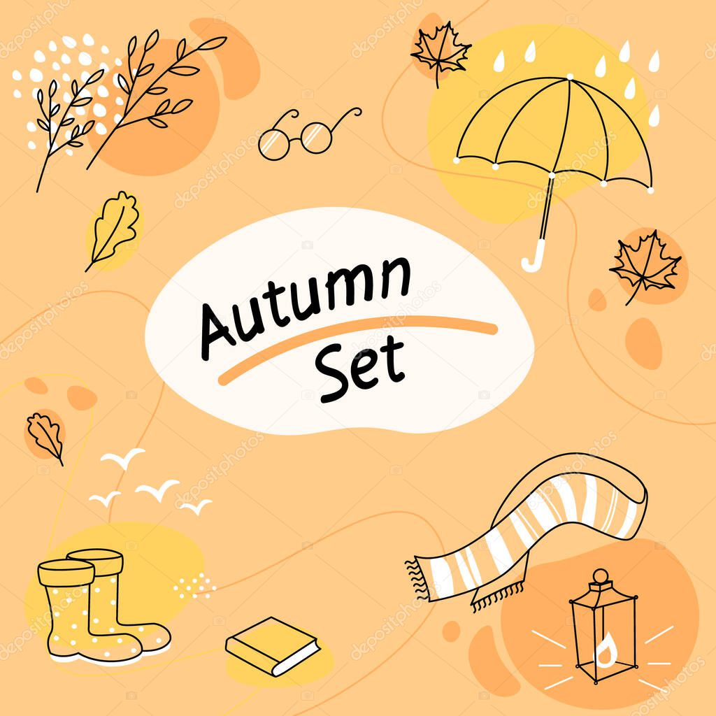Autumn set with leaves, scarf, umbrella, glasses, book. Colorful vector illustration