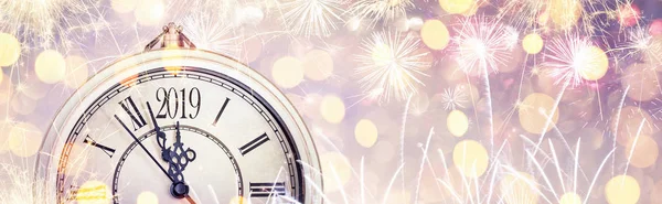 Boldog Évet 2019 Ünneplés Dial Óra Tűzijáték Absztrakt Holiday Háttér — Stock Fotó