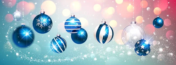 Blue Christmas Balls op kleurrijke Winter achtergrond. Vector — Stockvector