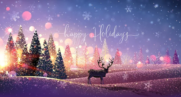 Рождественская открытка с северным оленем, зимний солнечный пейзаж. Вектор — стоковый вектор