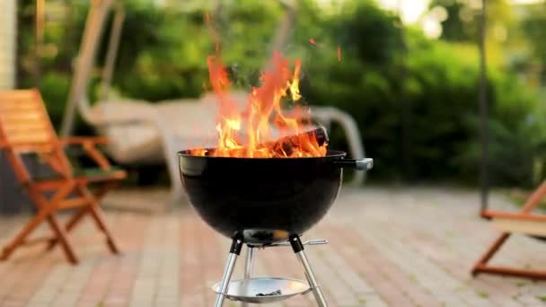 Parrilla de barbacoa con fuego. Llamas de primer plano — Vídeos de Stock