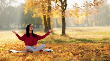 güzel bir genç kadın sonbahar park açık havada meditasyon