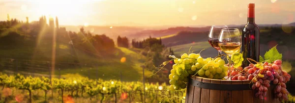Glas wijn met druiven en vat — Stockfoto