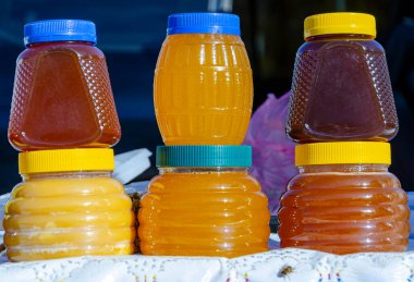 Orman arıcılığı ürünleri. Kavanozlarda farklı türde Bashkir arısı balı. Yazın tatlı hediyeleri.