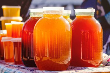 Orman arıcılığı ürünleri. Kavanozlarda farklı türde Bashkir arısı balı. Yazın tatlı hediyeleri.