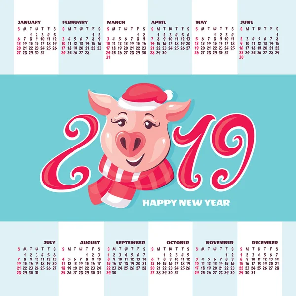 Calendrier Année 2019 Illustration Vectorielle Avec Cochon Symbole Année 2019 — Image vectorielle