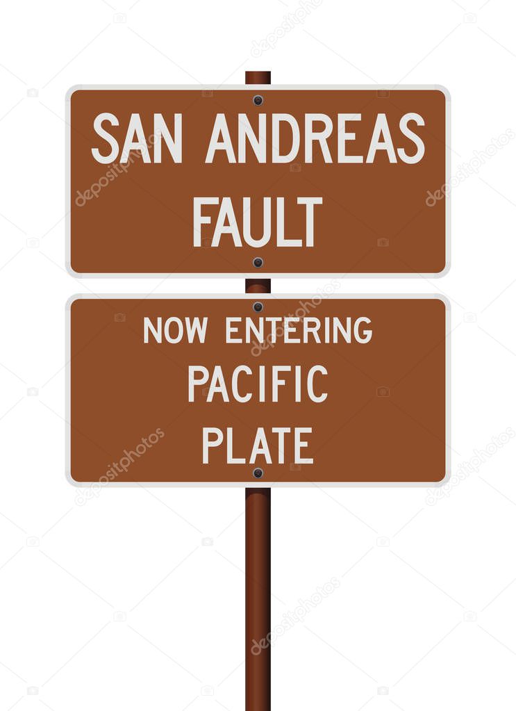 Vector illustration of the San Andreas Fault and Now Entering Pacific Plate brown road signs