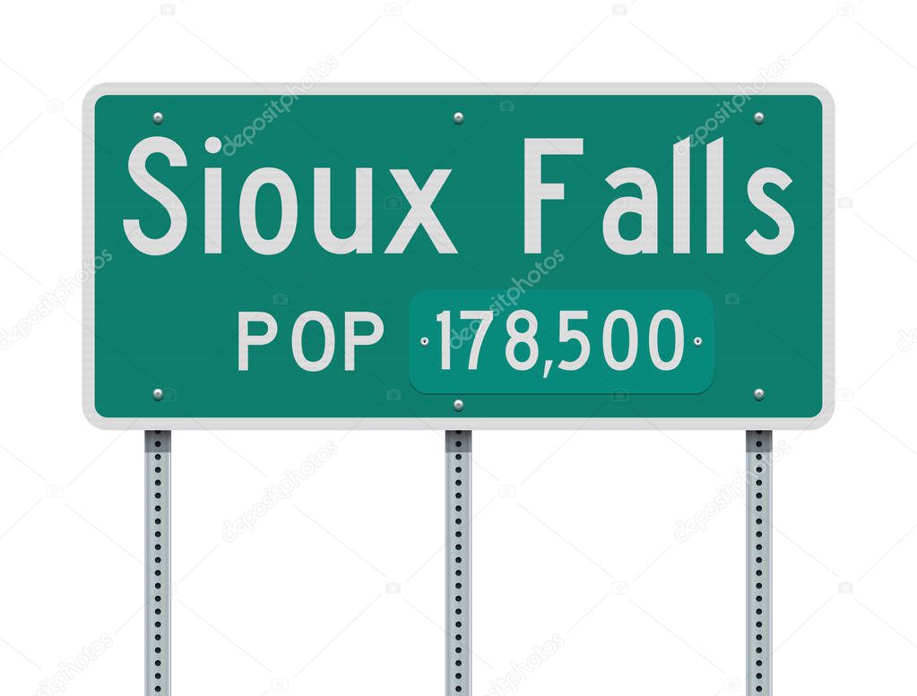 Vector illustration of the Sioux falls Entering green road sign with population information
