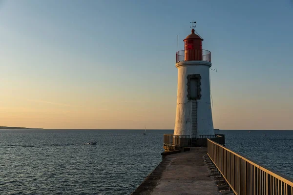 Lighthouse Great Jetty Sables Olonne Dawn Vendee France — Stock Photo, Image