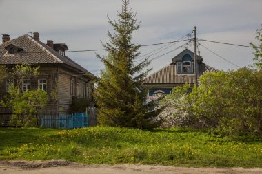Ağaçlar ve yeşil otlarla çevrili ahşap ev.