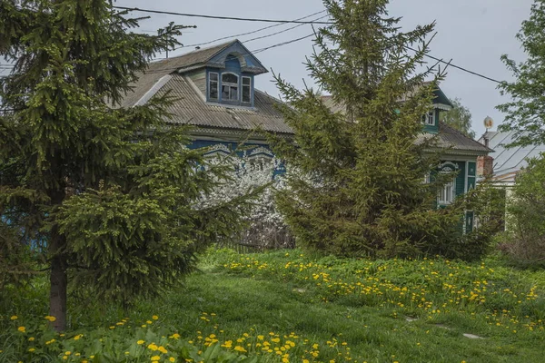 Ξύλινο Σπίτι Περιβάλλεται Από Δέντρα Και Πράσινο Γρασίδι — Φωτογραφία Αρχείου