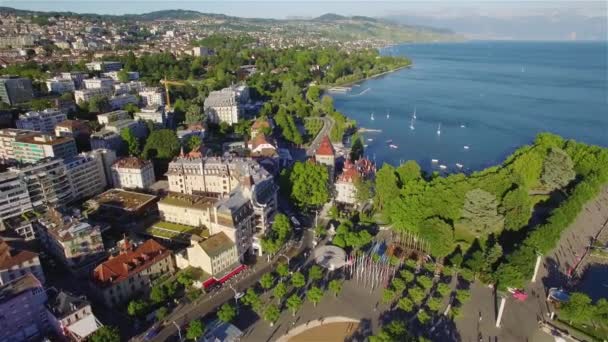 Filmagem Aérea Ouchy Cidade Lausanne Suíça Uhd — Vídeo de Stock