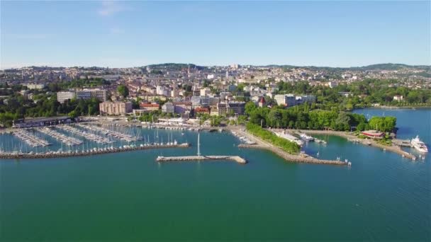 Imágenes Aéreas Ouchy Ciudad Lausana Suiza Uhd — Vídeos de Stock