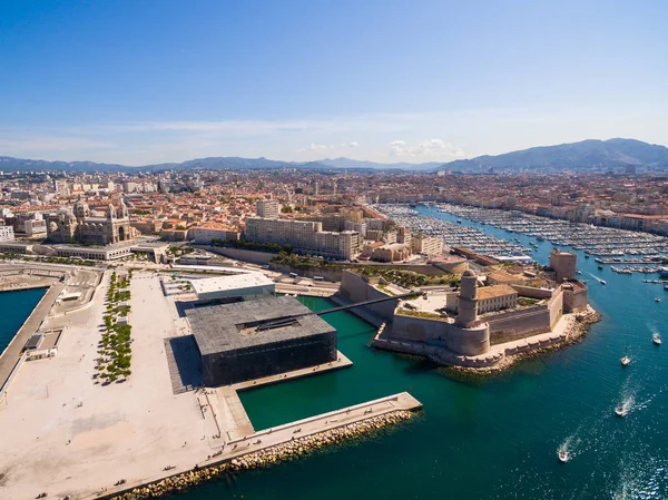 Aerial View Marseille Pier Vieux Port Saint Jean Castle Mucem — Stock Photo, Image