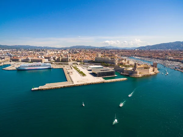 Aerial View Marseille Pier Vieux Port Saint Jean Castle Mucem — Stock Photo, Image