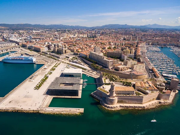 Aerial View Marseille Pier Vieux Port Saint Jean Castle Mucem — Stock Photo, Image