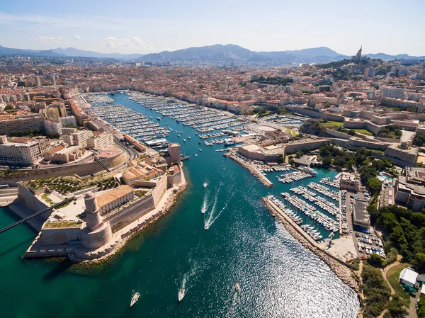 Aerial View Marseille Pier Vieux Port Saint Jean Castle Mucem — Stock Photo, Image