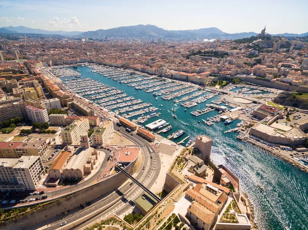 Aerial View Marseille Pier Vieux Port Saint Jean Castle Mucem — Stock Photo, Image