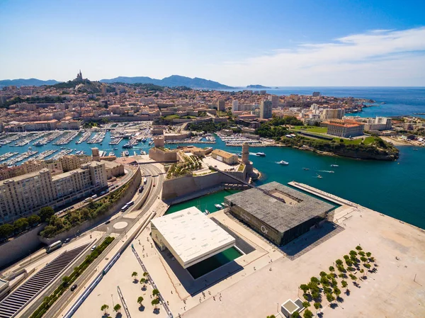 Aerial View Marseille Pier Vieux Port Saint Jean Castle Mucem — Stock Photo, Image