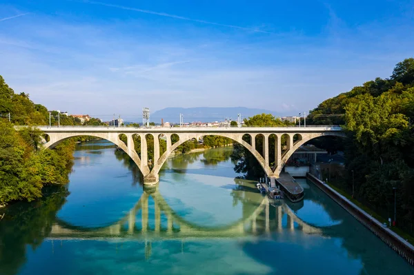 Vista Aérea Rio Arve Rhone Confluente Genebra Suíça — Fotografia de Stock