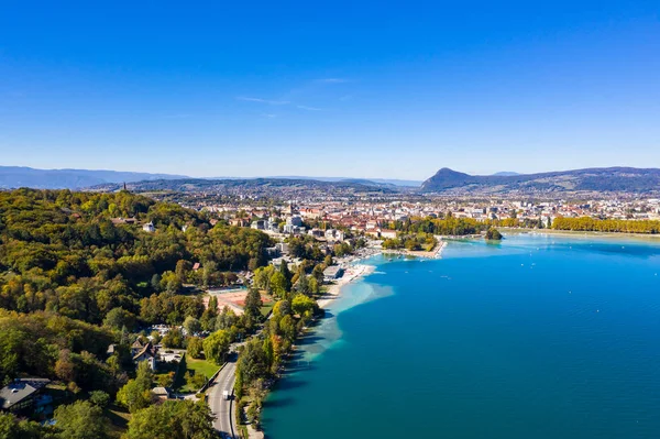Luchtfoto Van Annecy Lake Waterkant Frankrijk — Stockfoto