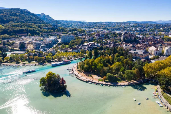 Vista Aérea Lago Annecy Nível Maré Baixa Beira Mar Devido — Fotografia de Stock