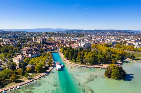 Luftaufnahme Von Annecy Lake Waterfront Niedrigwasser Pegel Aufgrund Der Dürre — Stockfoto