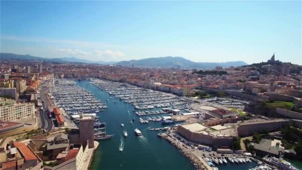 Drone Aerial View Marseille Pier Vieux Port Saint Jean Castle — Stock Video