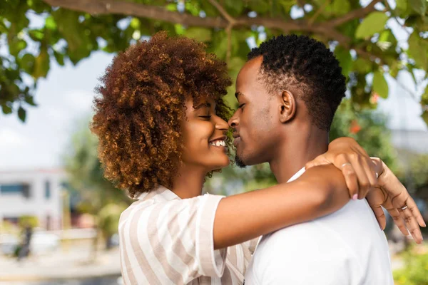 Buiten protrait van zwart Afrikaans Amerikaans echtpaar zoenen elke o — Stockfoto