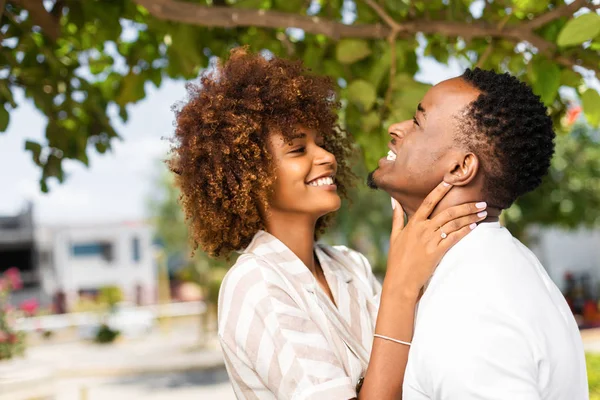 黑人非洲裔美国夫妇亲吻每个o的户外前兆 — 图库照片