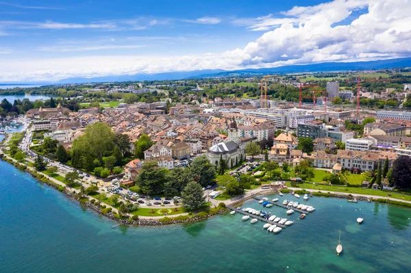 Aerial view of Morges city waterfront in the border of the Leman — Stock Photo, Image