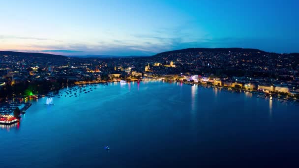 Night Aerial Hyperlapse Timelapse Zurich City Switzerland Uhd — Stock Video