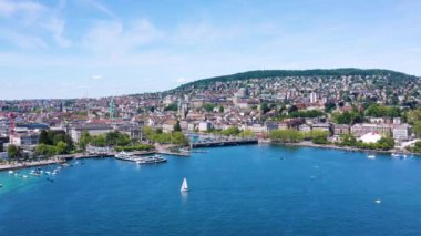 İsviçre'de Zürih şehir rıhtımına 4k drone Havadan görünümü