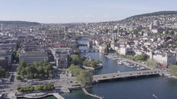 Ongesorteerde Drone Luchtfoto Van Zurich City Waterfront Zwitserland — Stockvideo