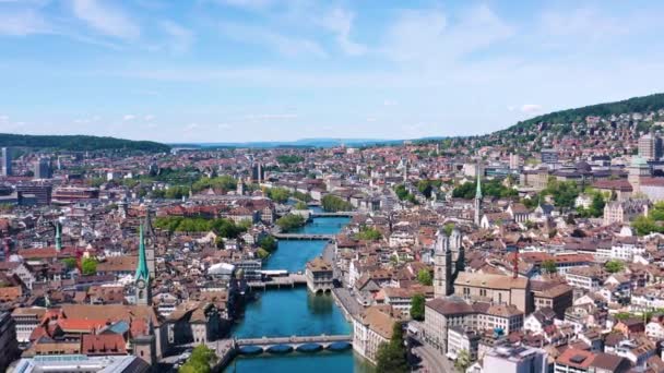 Drone Aerial View Zurich City Waterfront Switzerland — Stock Video